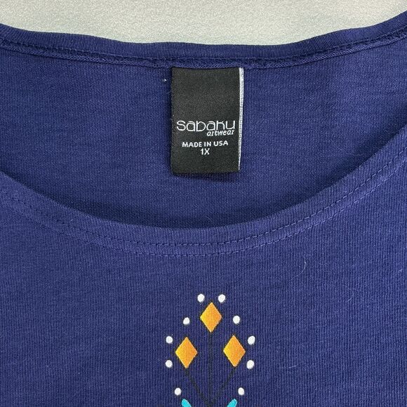 SABAKU Artsy Top Size 1X Ethnic Aztec Southwestern Print Navy 3/4 Sleeve BOHO - Picture 4 of 8